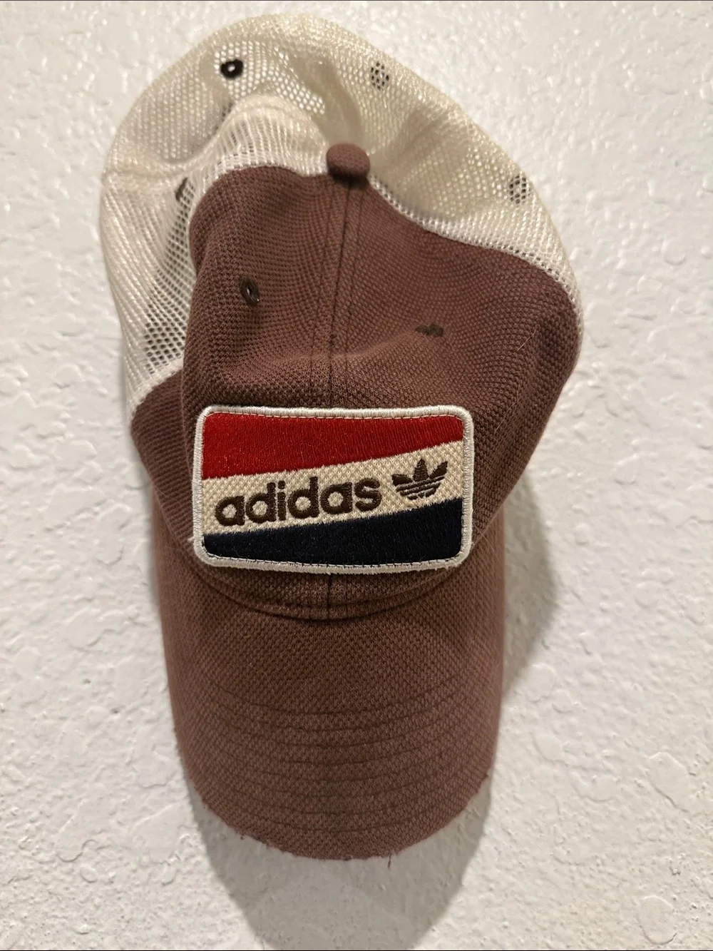 Y2K, Adidas, Brown & Cream Mesh Trucker Hat with Red & Navy Badge